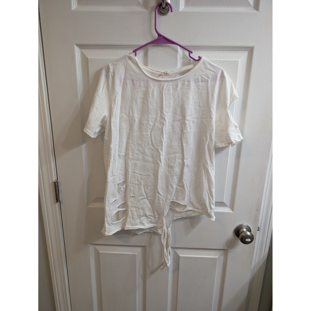 POL Distressed Cutout Slashed Tee White Cotton - Size L